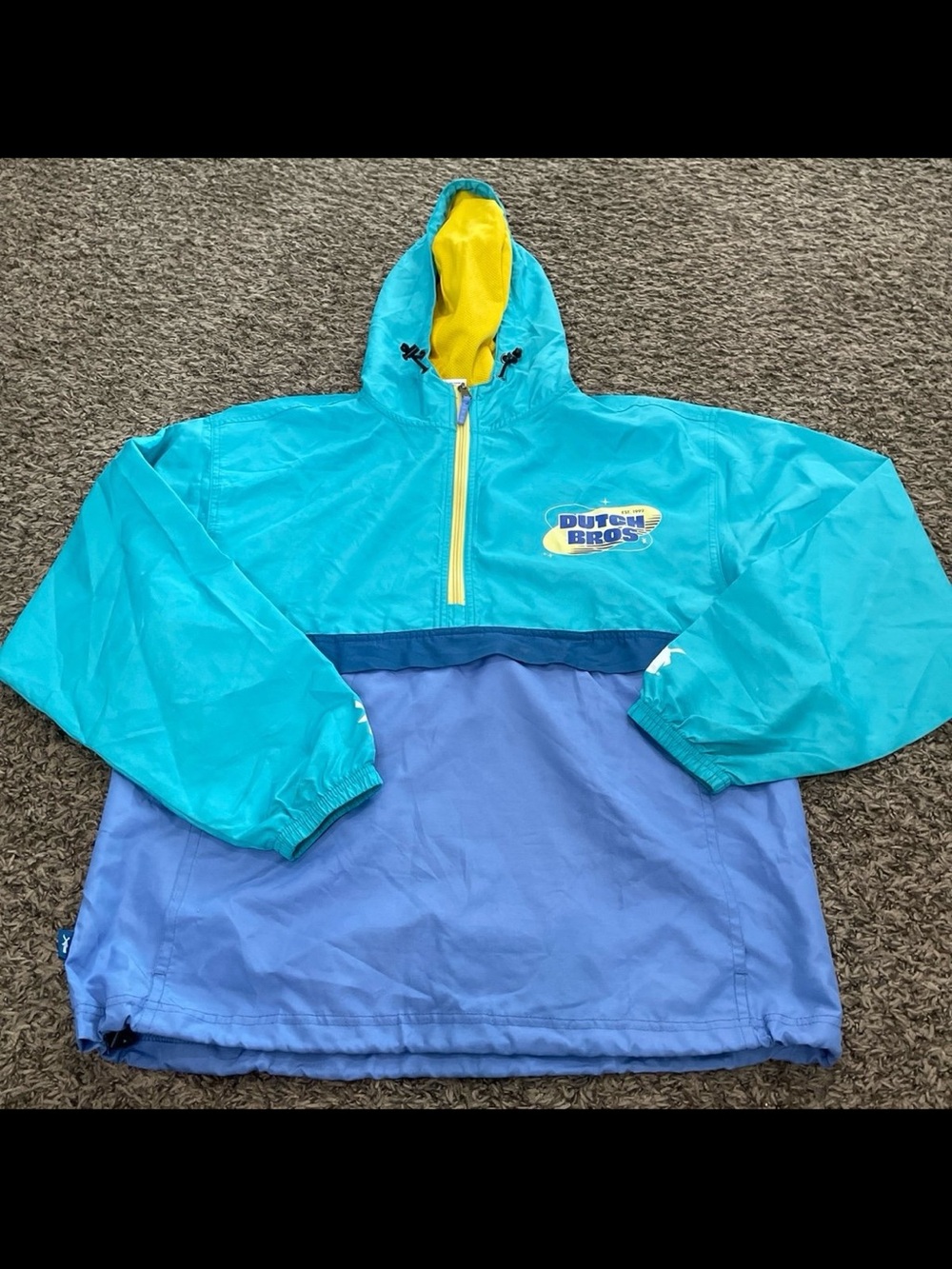 Dutch Bros, color block, windbreaker, pullover jacket with hood, medium